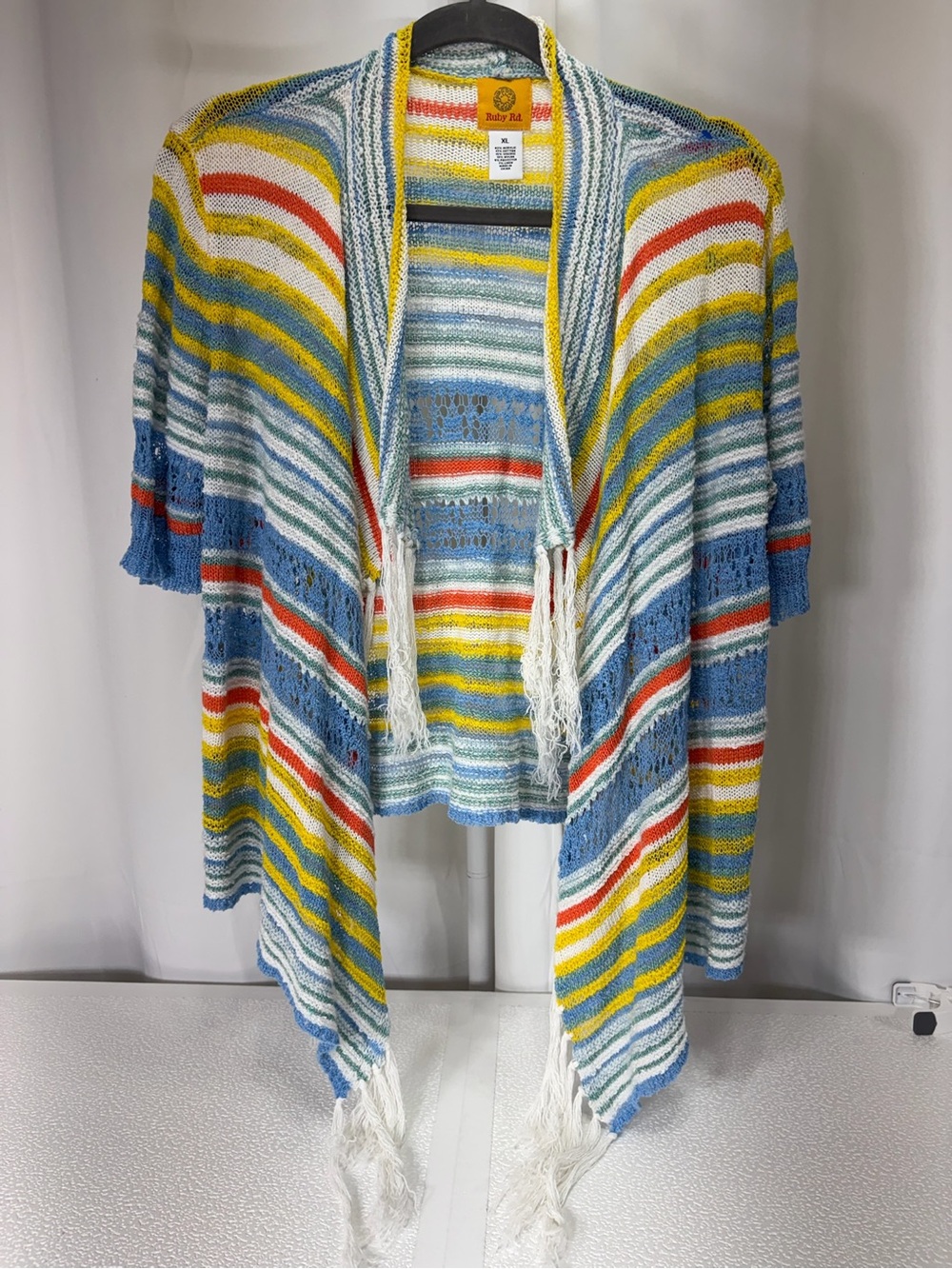 Ruby Rd. Multicolor Striped Fringe Open-Front Cardigan - Blue/Yellow/Red 3775 - Picture 1 of 10